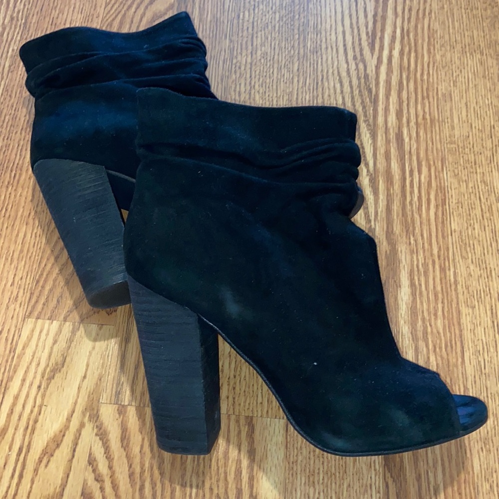 Black suede slouch heeled open toe bootie Kristin Cavallari Chinese Laundry